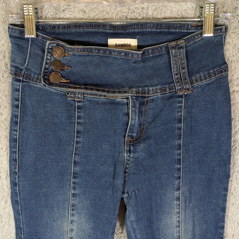 Y2K Low Rise Flare Bootcut Jeans Triple Button Waist Blue Denim Size 7